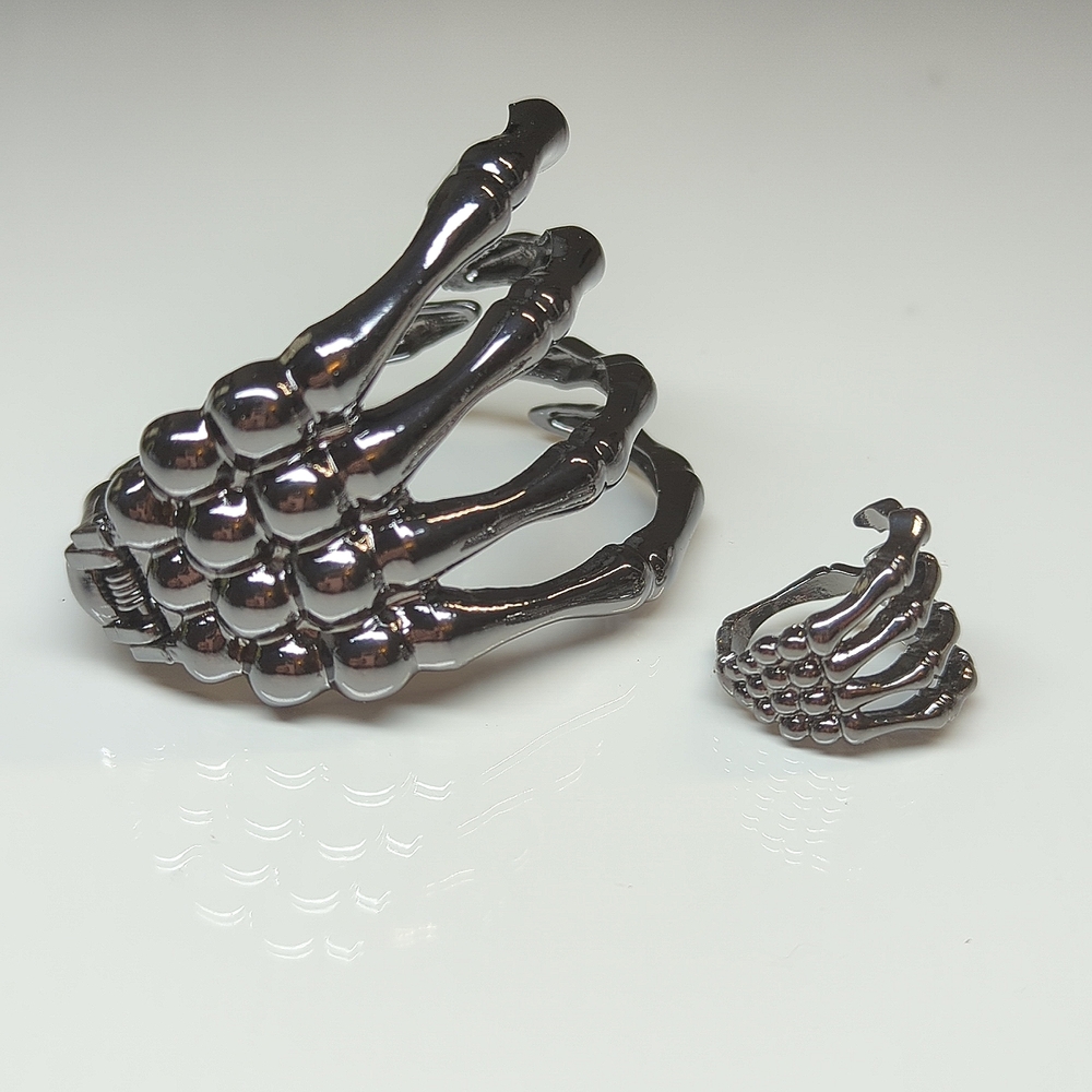Skeleton bone bracelet and ring, dark titanium metal, sz 9